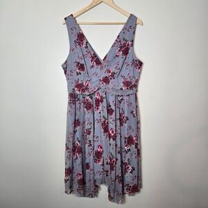 Torrid Blue Floral Mesh Handkerchief Hem Midi Dress Plus Sz 2 V-Neck Sleeveless